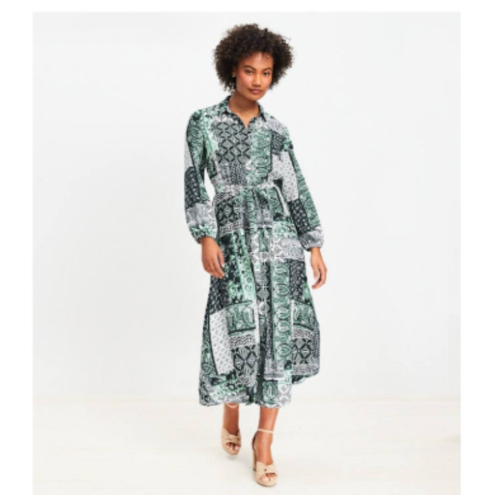 LOFT Patchwork Tie Waist Midi Dress, Size M - NWT